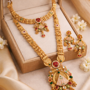 Matte Gold Temple Jewellery Combo Set – Long Necklace, Hasli & Earrings